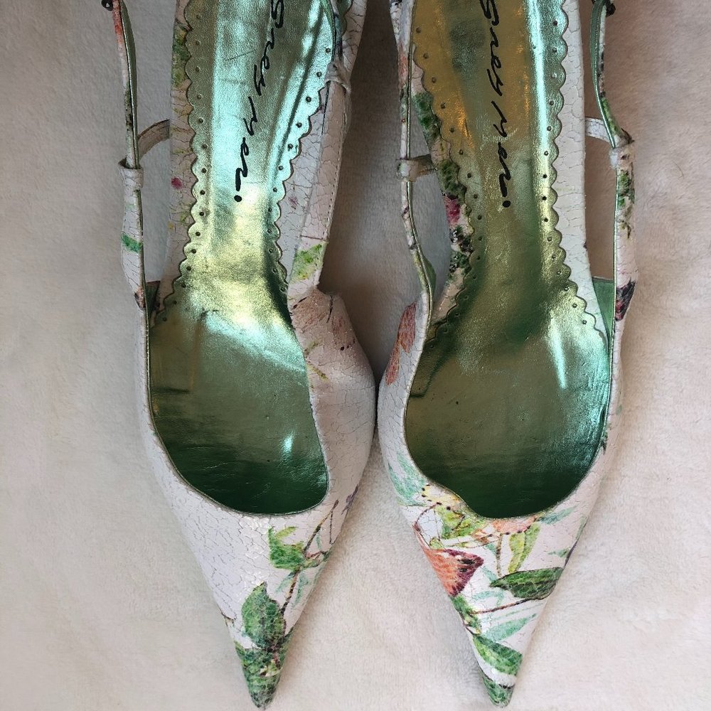 Leather floral-patterned kitten-heel slingbacks